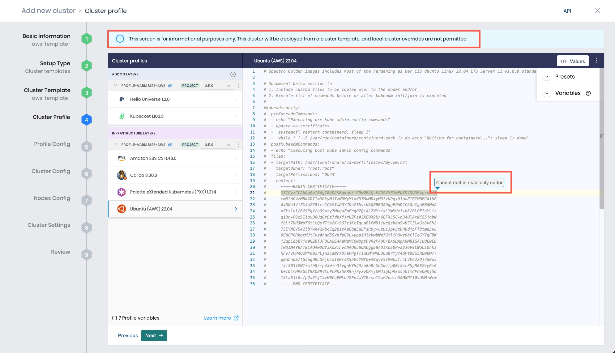 Edits to linked cluster profile versions are not allowed for cluster templates